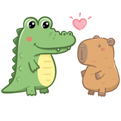 Capybara and crocodile with pink heart 
