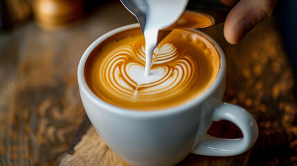 Hot Coffee with Heart-Shaped Cream or Milk Pour Design into a Latte - Artistic Coffee Drink Foam Design