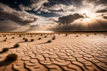 The sky is filled with swirling clouds above a vast dirt field. The clouds seem to dance gracefully over the open expanse of the desert, creating a captivating visual display