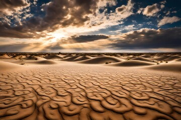 The sky is filled with swirling clouds above a vast dirt field. The clouds seem to dance gracefully over the open expanse of the desert, creating a captivating visual display