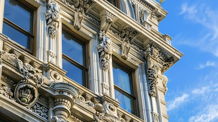 A close-up of architectural details and windows on a historic building against a blue sky, background, or theme,Close up of vintage building facade with window. Retro architecture style
