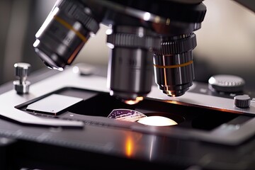 A detailed shot of a microscope slide being examined for disease research