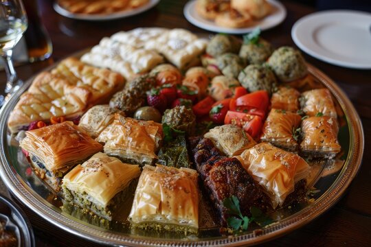 A platter of assorted Greek pastries including baklava kataifi