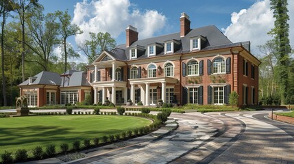 A large brick classic traditional residence sits on a wooded property,A large brick house with black shutters and a gray roof,Front view of a beautiful mansion with a fountain in the garden
 - Powered by Adobe