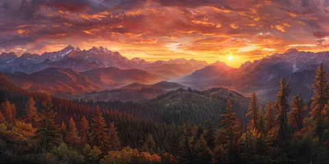 Deurstickers A panorama view  mountains at sunrise, with golden rays illuminating peaks and a forest, Mountain landscape at sunset, nature banner background © Planetz
