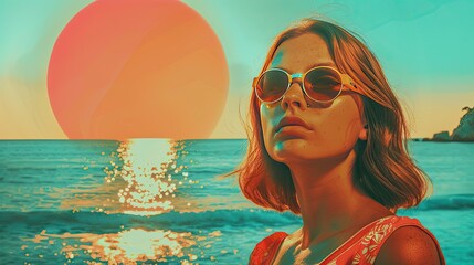 Summer retro collage of a girl against the background of the sun and the sea. Summer concept.