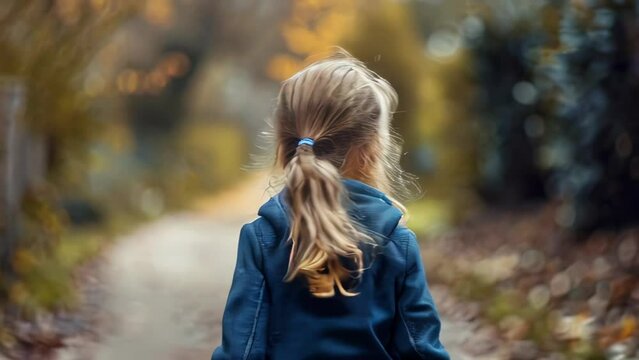 Back view of a little girl in a blue jacket walking in the autumn park
