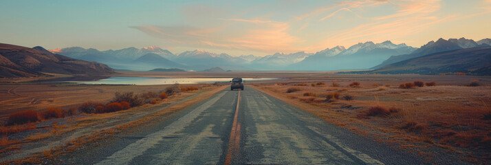 empty road with mountains and lake background at sunset ora sunrise, banner  - obrazy, fototapety, plakaty