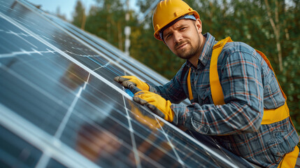 A handyman installing solar panels on the rooftop - obrazy, fototapety, plakaty
