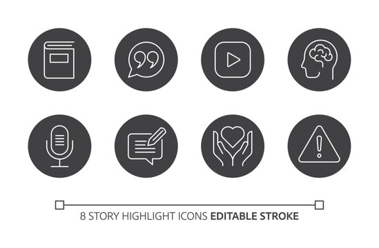 Instagram Story Highlight Social Media Cover Line Icon Set. Linear Editable Stroke. For Authors, Blogs, Content Creators, Podcasts, Writers and Insta Stories.