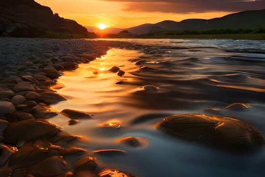 Texture of a sunset reflected in a river blending warm and cool tones to create a serene and fluid image. Generative AI
