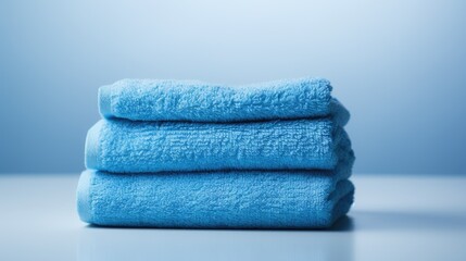 Blue cotton towels on a blue background. Bathroom decor and accessories.
