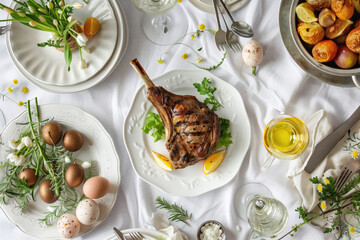 A succulent grilled lamb chop garnished with lemon on a festive table setting with decorative...