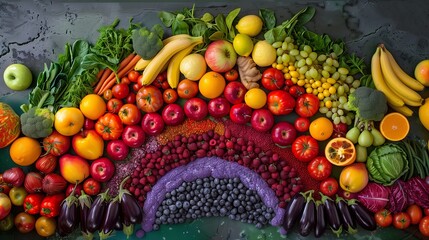 A vibrant rainbow of fresh fruits and vegetables, arranged in the shape of an array, symbolizing healthy eating