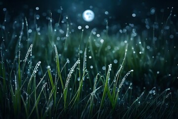 Nighttime dew on grass under a mystical moonlight, serene and magical atmosphere - obrazy, fototapety, plakaty