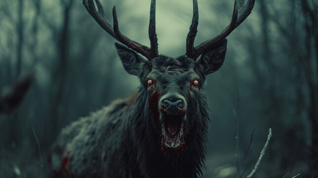 a Deer Angry bloody zombie with Fierce red eyes in forest
