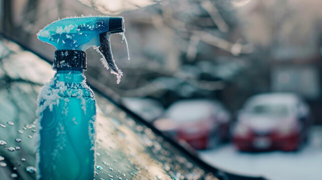 A vibrant blue spray bottle is perched on a vehicle's side window with frost patterns, in a snowy winter atmosphere