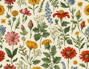 Fototapeta na wymiar A vintage botanical illustration pattern, featuring a variety of wildflowers with scientific accuracy.