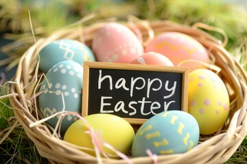 Colorful Easter Egg Basket Spring. Happy easter Grace bunny. 3d easter service hare rabbit illustration design. Cute feast festive card Easter egg design ideas with copy space wallpaper backdrop