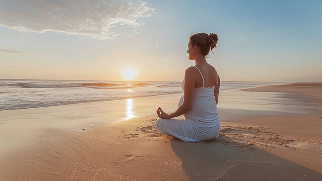 Serene Pregnancy: Woman Practicing Yoga on Tranquil Beach at Sunset