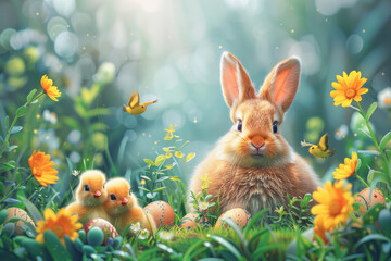 A rabbit is standing in a field of flowers with two baby chicks and a bird. The scene is bright and cheerful, with the colors of the flowers and the animals creating a sense of warmth and happiness - obrazy, fototapety, plakaty