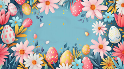 Fototapeta na wymiar A blue background with a flowery border and a large white egg in the center. The flowers are pink and yellow, and the egg is surrounded by smaller eggs. Scene is cheerful and playful