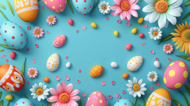 A blue background with a variety of colorful eggs and flowers. The eggs are in different sizes and colors, and the flowers are scattered throughout the image. Scene is cheerful and festive