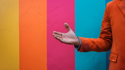 Businessman holding something on color background, generative ai