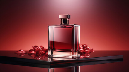 Minimalistic image of a red perfume bottle in the center with studio lighting. Luxurious background. Generative AI