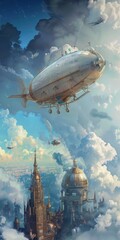 Airship Escapades Background centered around the thrilling airship escapades over the skies in summer steampunk airships fluffy clouds against a backdrop of blue created with Generative AI Technology
