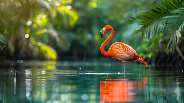 Caribbean flamingo standing in water with reflection, generative ai