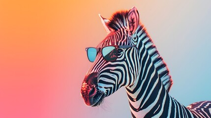 Zebra with sunglasses isolated on solid pastel background, commercial, editorial advertisement,...