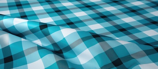 A detailed view of a turquoise and white checkered fabric, showcasing the intricate pattern of squares in varying shades of blue and white. The fabric appears to be soft and woven with precision