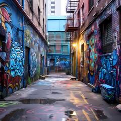 A city alley with street art and graffiti. - obrazy, fototapety, plakaty