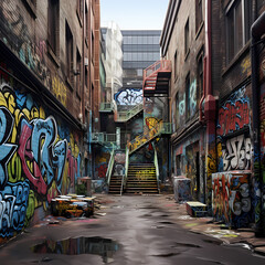 A city alley with street art and graffiti.