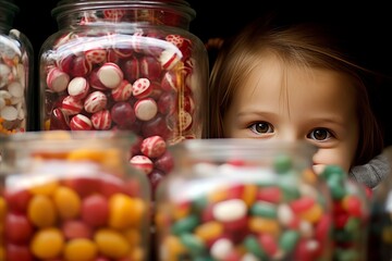 Curious five year old boy sneaking towards table, eyeing colorful candies with mischievous grin - obrazy, fototapety, plakaty