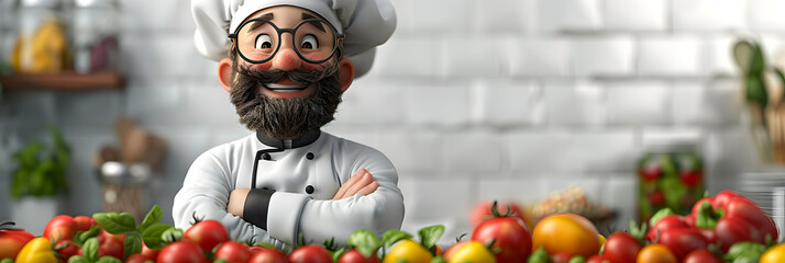 A 3D animated cartoon render of a cheerful chef experimenting with new recipes in the kitchen. - obrazy, fototapety, plakaty