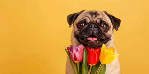 Funny smiling brown pug dog with colourful tulips bouquet flowers in paws on studio yellow background. Spring birthday anniversary celebration postcard concept. Copy paste empty place for text