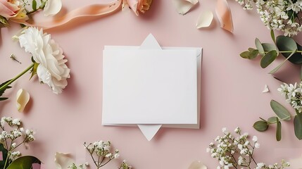 Invitation or greeting card mockup with gift box and dry flowers twigs, stylish top view mockup with copy space ,generative ai,