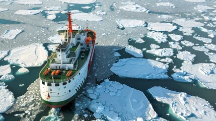 Areal view icebreaker in sea ice