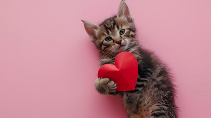 Cute tabby kitten hugging a paper red heart, generative ai