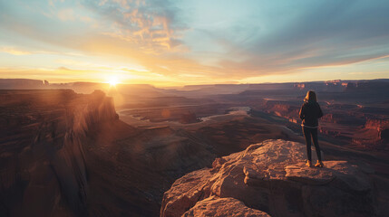 A solitary figure stands on the edge of a vast canyon bathed in the warm glow of the setting sun, contemplating nature's grandeur - Powered by Adobe