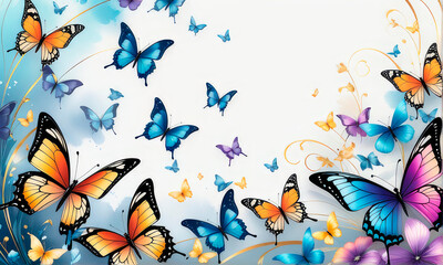 Fluttering delicate butterflies in vibrant colors flying and blue splashes.