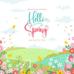 Spring template with beautiful flower and landscape background