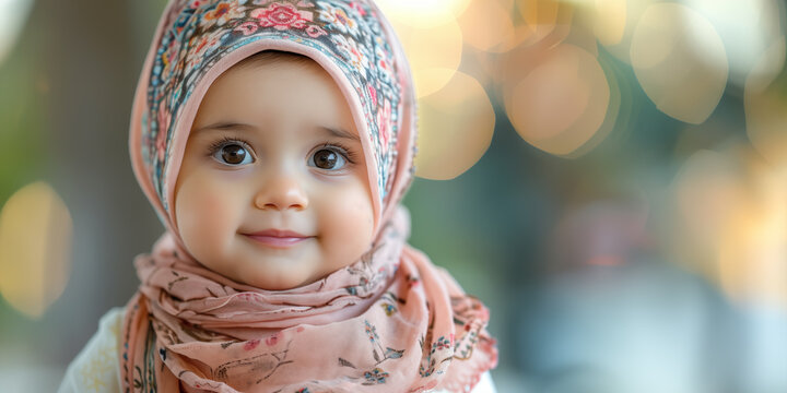 Banner With Small Cute Arab Baby Girl In Hijab And Place For Text.