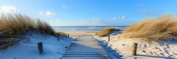 A wooden walkway leading to the beach, surrounded by dunes and grasses under a clear blue sky, - obrazy, fototapety, plakaty