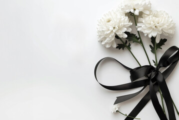Elegant chrysanthemums with a black ribbon a condolence card design white backdrop space for text