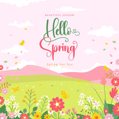 Spring template with beautiful flower and landscape background