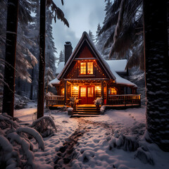 A cozy cabin covered in snow in a winter forest.