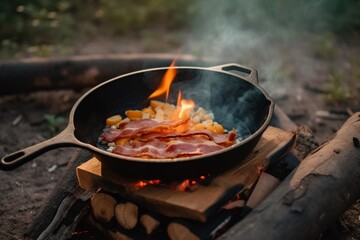 the cook roasts mushrooms with onions and herbs on the fire. chanterelles
